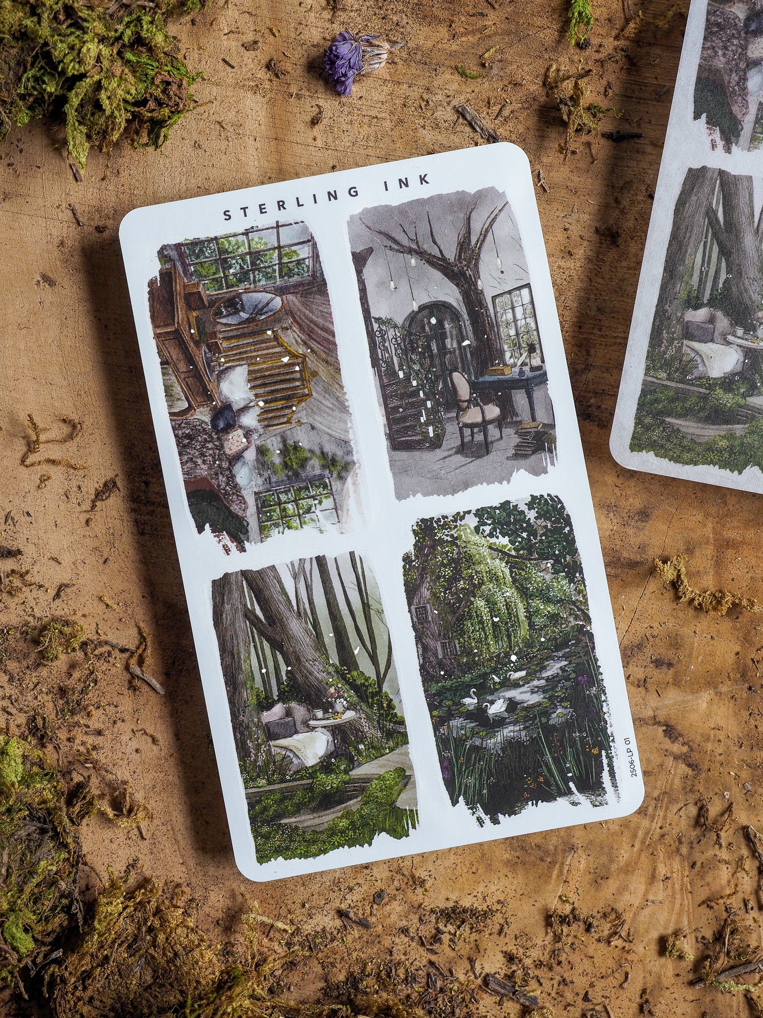 Large illustration sticker sheet featuring detailed, romantic gothic scenes of overgrown mossy forests and mysterious rustic interiors.