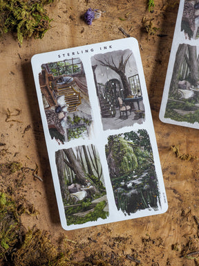 Large illustration sticker sheet featuring detailed, romantic gothic scenes of overgrown mossy forests and mysterious rustic interiors.
