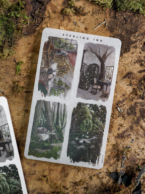 A sheet of large illustration stickers featuring whimsical architectural and cottagecore scenes, showcasing detailed interior rooms and lush garden designs.