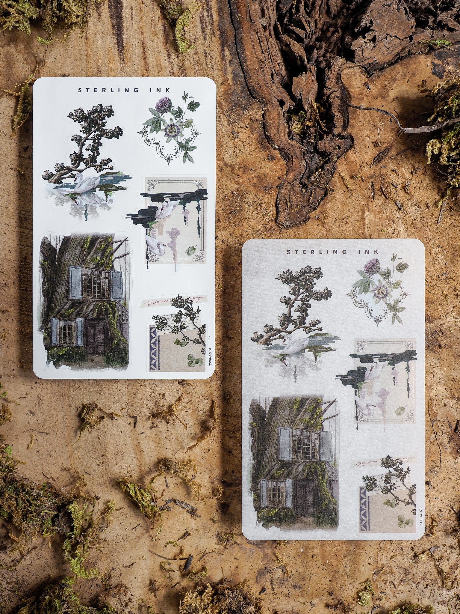Watercolor sticker arrangements featuring vintage botanical illustrations of rustic cottages, delicate florals, and muted natural-tone decorative vignettes.