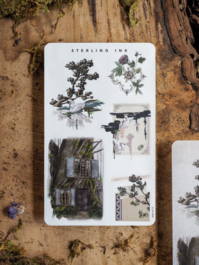 Diverse watercolor sticker sheet with a June arrangement theme, featuring botanical bouquets, lush foliage, and rustic architectural elements.