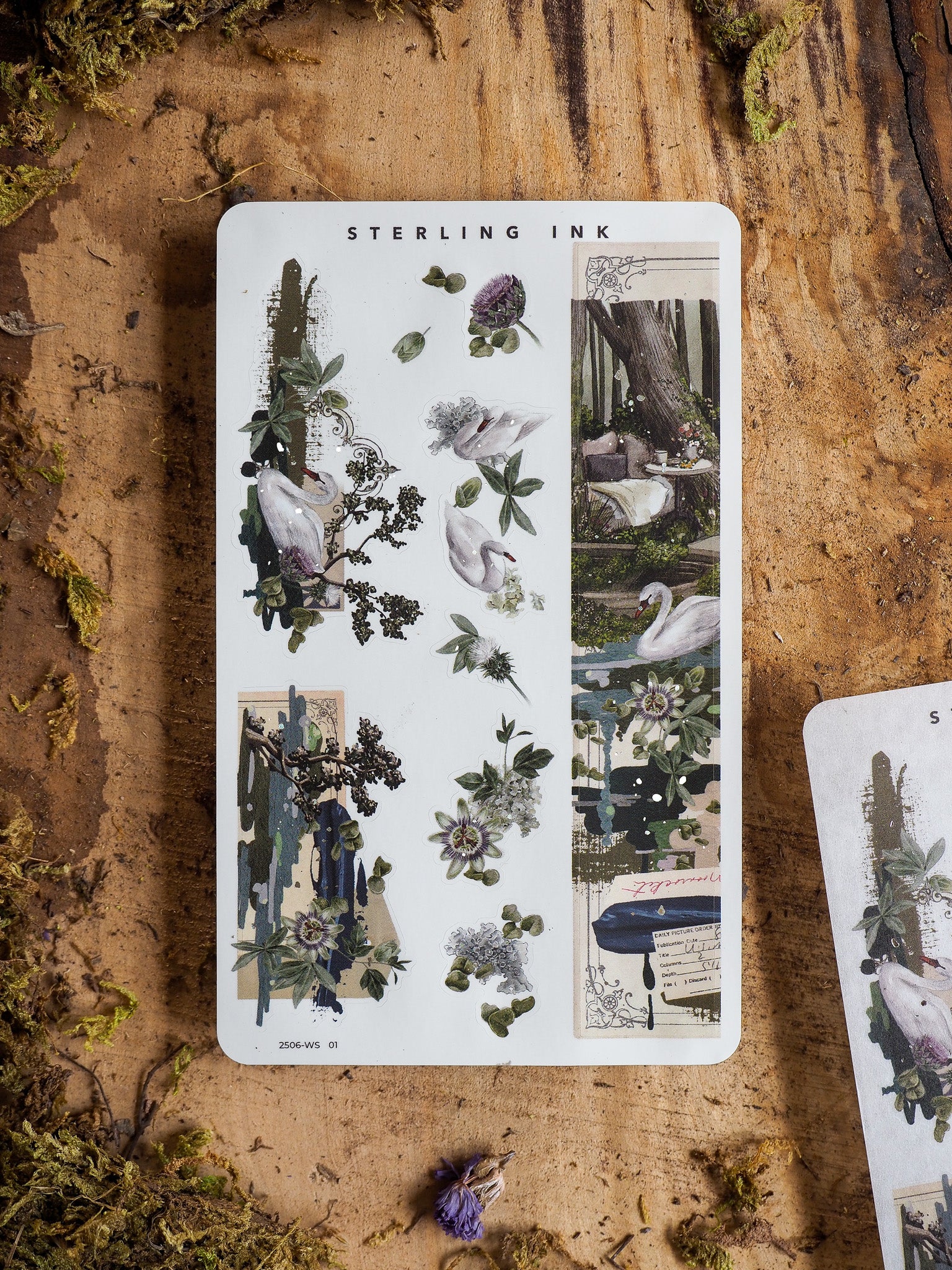 Botanical washi strip stickers featuring swans, lush green foliage, and diverse wildflower bouquets, perfect for scrapbooking and decorative journaling.