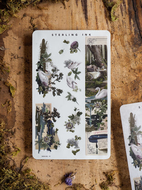 Botanical washi strip stickers featuring swans, lush green foliage, and diverse wildflower bouquets, perfect for scrapbooking and decorative journaling.
