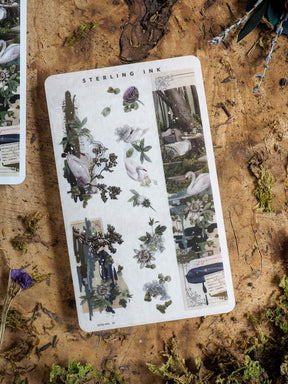 Botanical washi stickers featuring a vintage theme, depicting pale swans, layered wildflowers, and soft watercolor foliage on a cream background.
