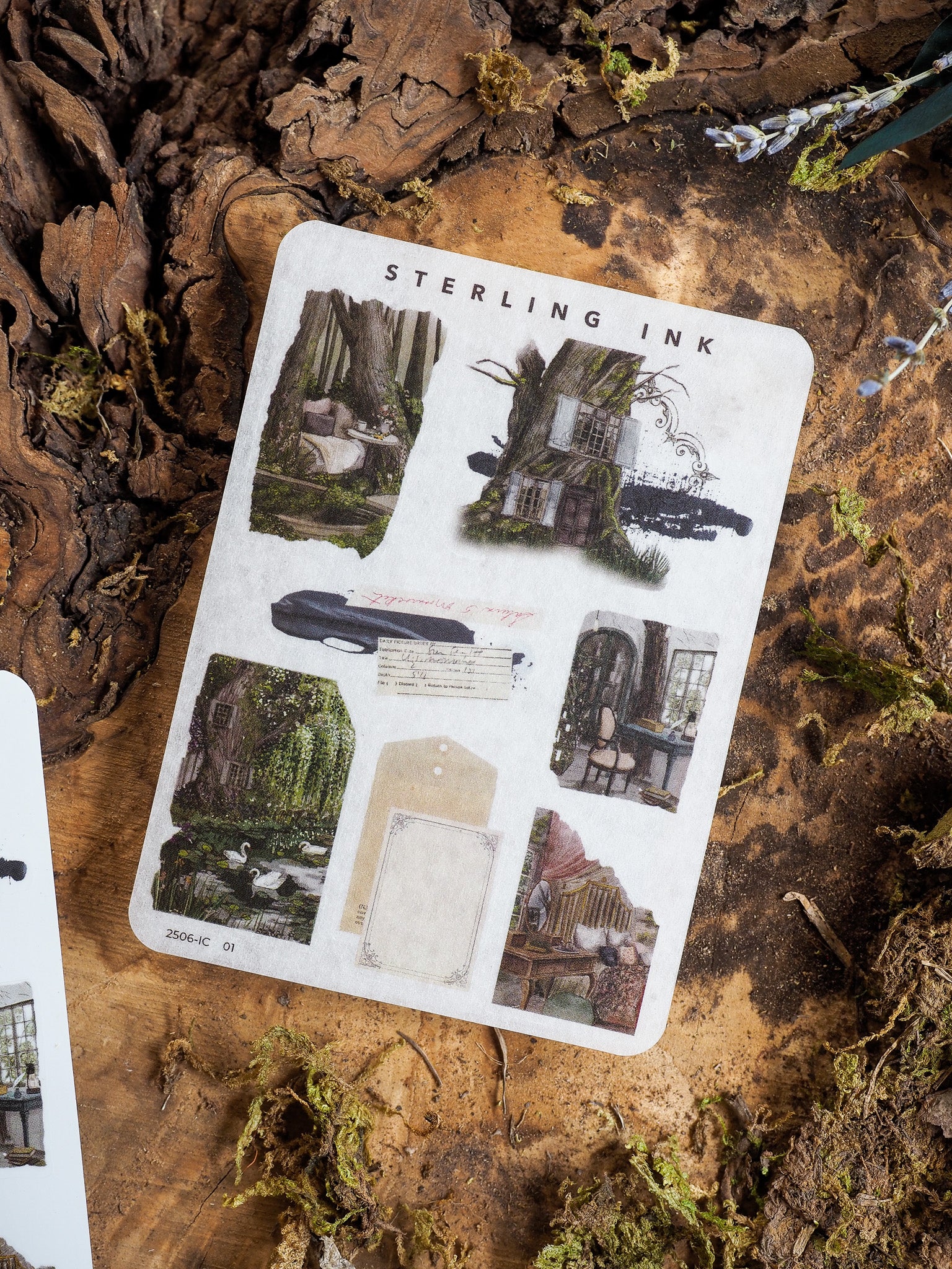 Mini sticker sheet with gothic-themed illustrations of old storefronts, mysterious greenery, and rustic, weathered architectural elements.