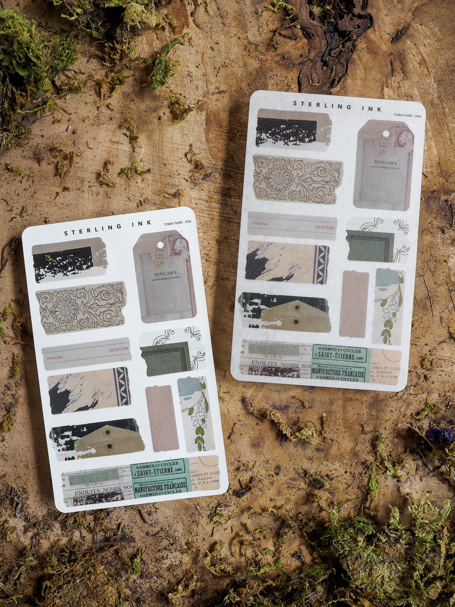Assorted sticker sheet featuring distressed torn tapes in muted sepia tones, including scrollwork, diploma labels, and geometric stripes for journaling.