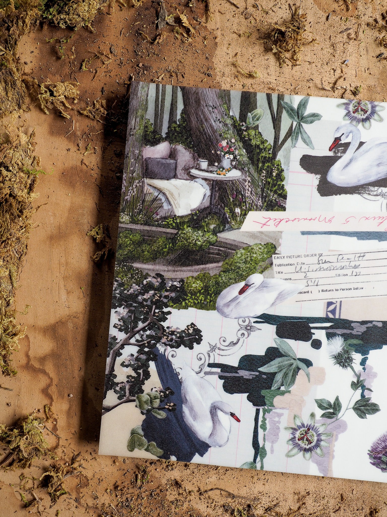 Elegant June 2025 planner featuring a lush botanical design with white swans amidst dark greenery, blooming purple and pink florals.
