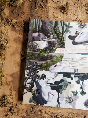 Elegant June 2025 planner featuring a lush botanical design with white swans amidst dark greenery, blooming purple and pink florals.