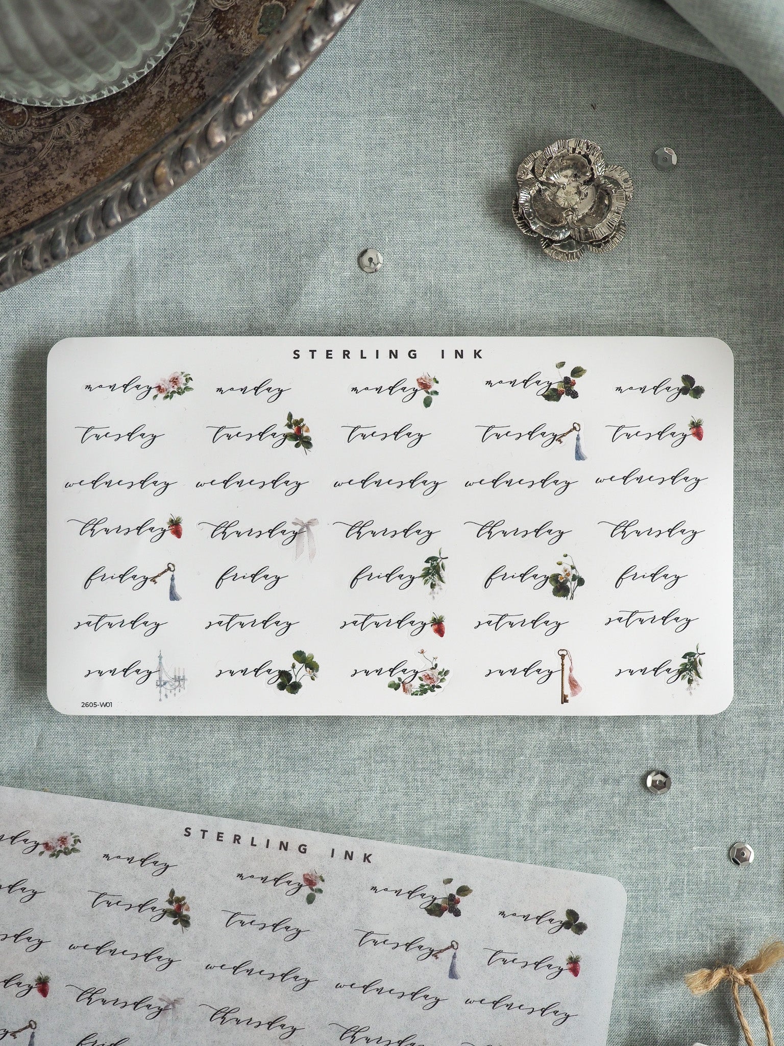 Elegant "Sterling Ink" journal sticker sheet featuring botanical designs and placeholder text, adorned with delicate watercolor illustrations of pink, green, and natural foliage.