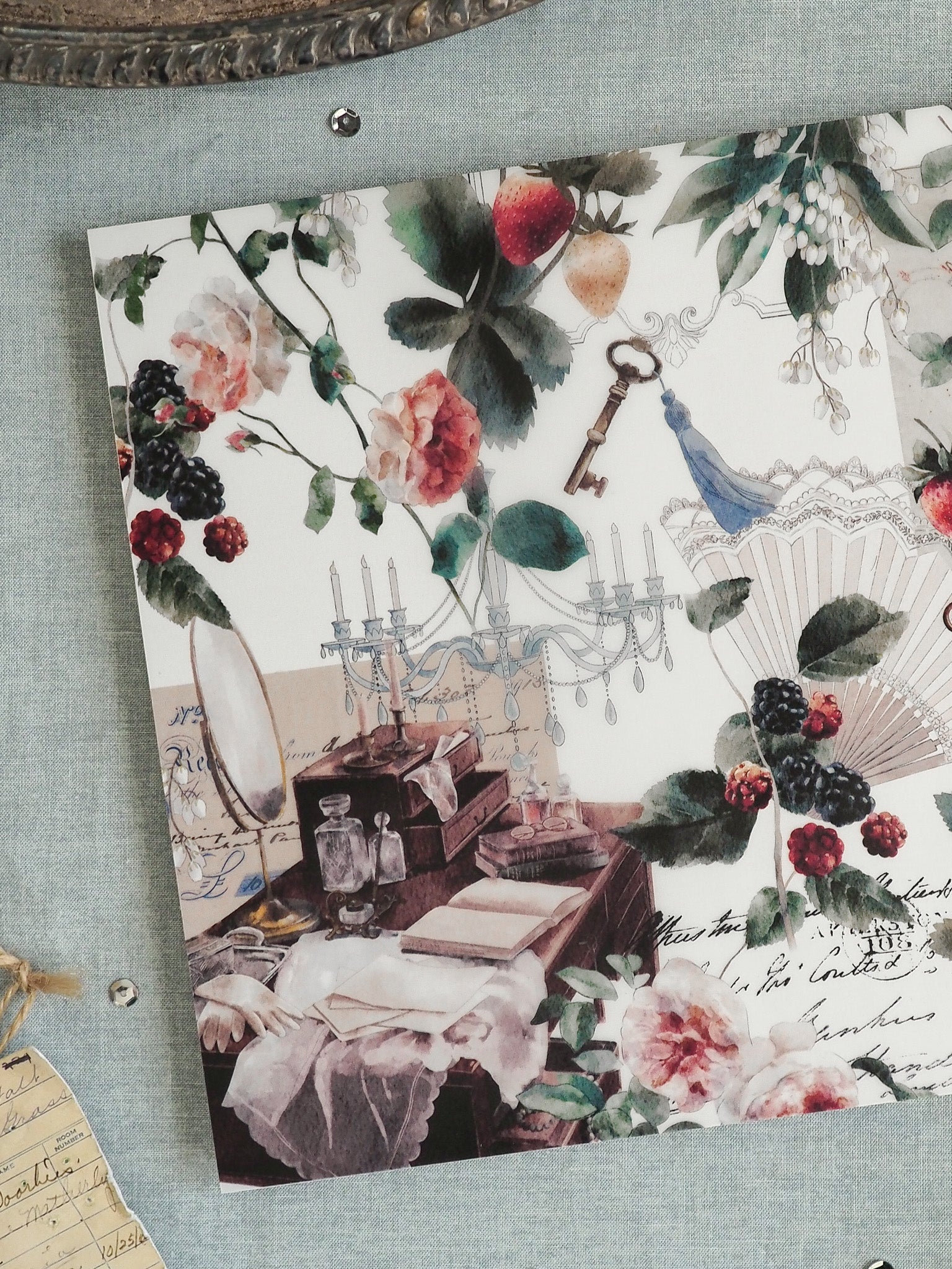 Romantic vintage pattern sticker featuring blush roses, dark blackberries, and lush foliage interspersed with antique keys, a fan, and delicate florals.