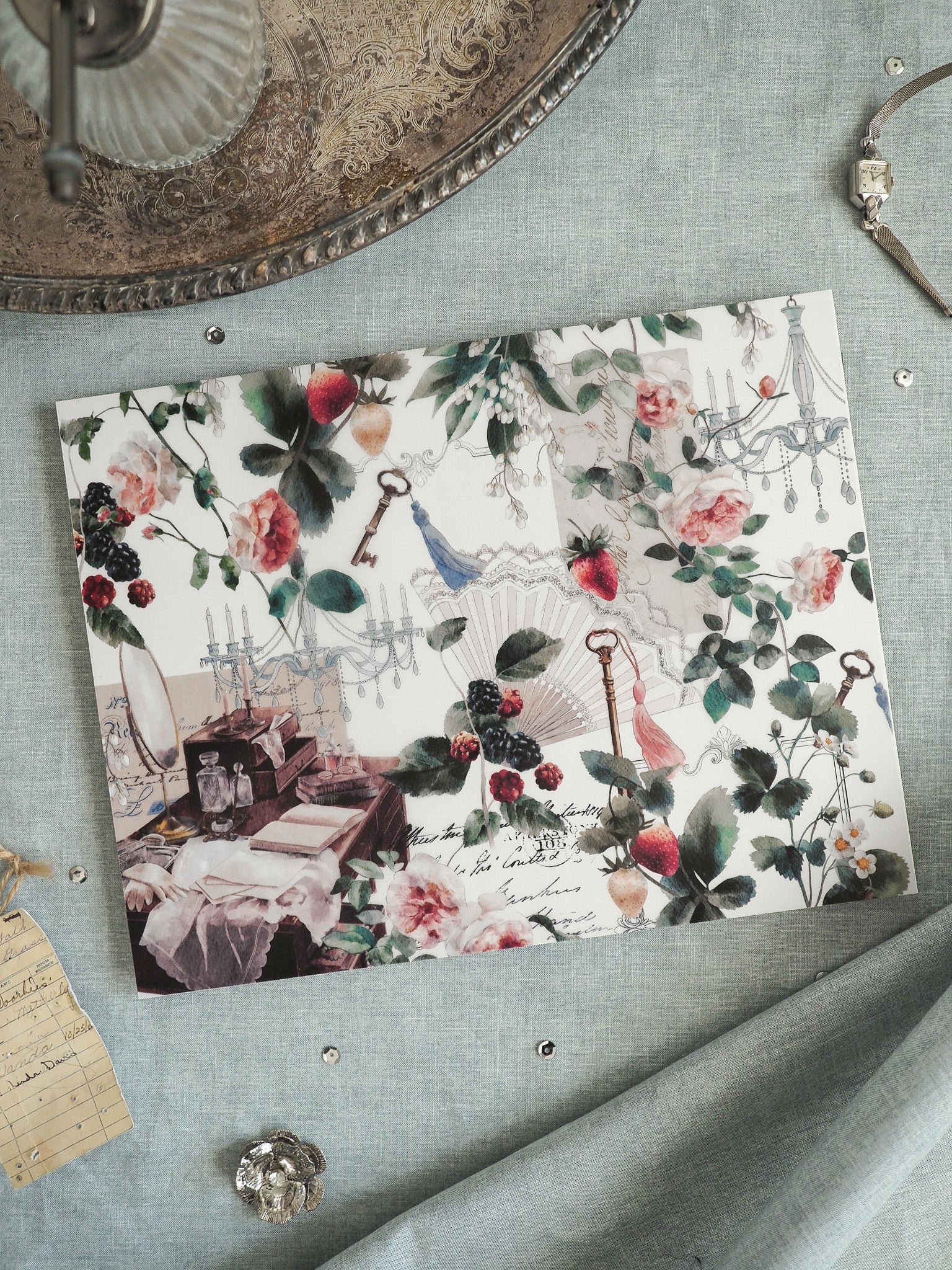 Elegant, vintage floral pattern sticker featuring blush roses, deep green leaves, lush berries, and antique Victorian accents in a romantic style.