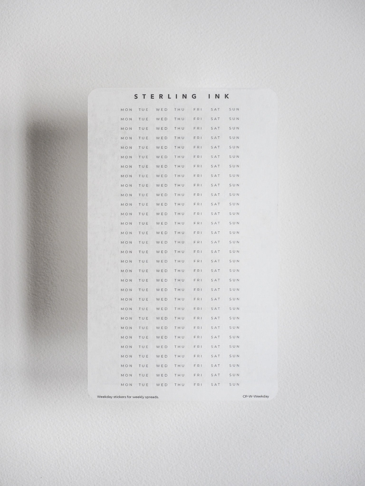 Structured sticker set designed for planners, displaying a clean weekly grid layout from Monday through Sunday for daily scheduling and organization.