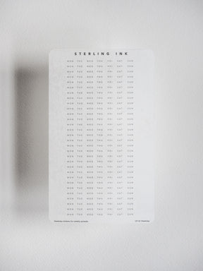 Structured sticker set designed for planners, displaying a clean weekly grid layout from Monday through Sunday for daily scheduling and organization.