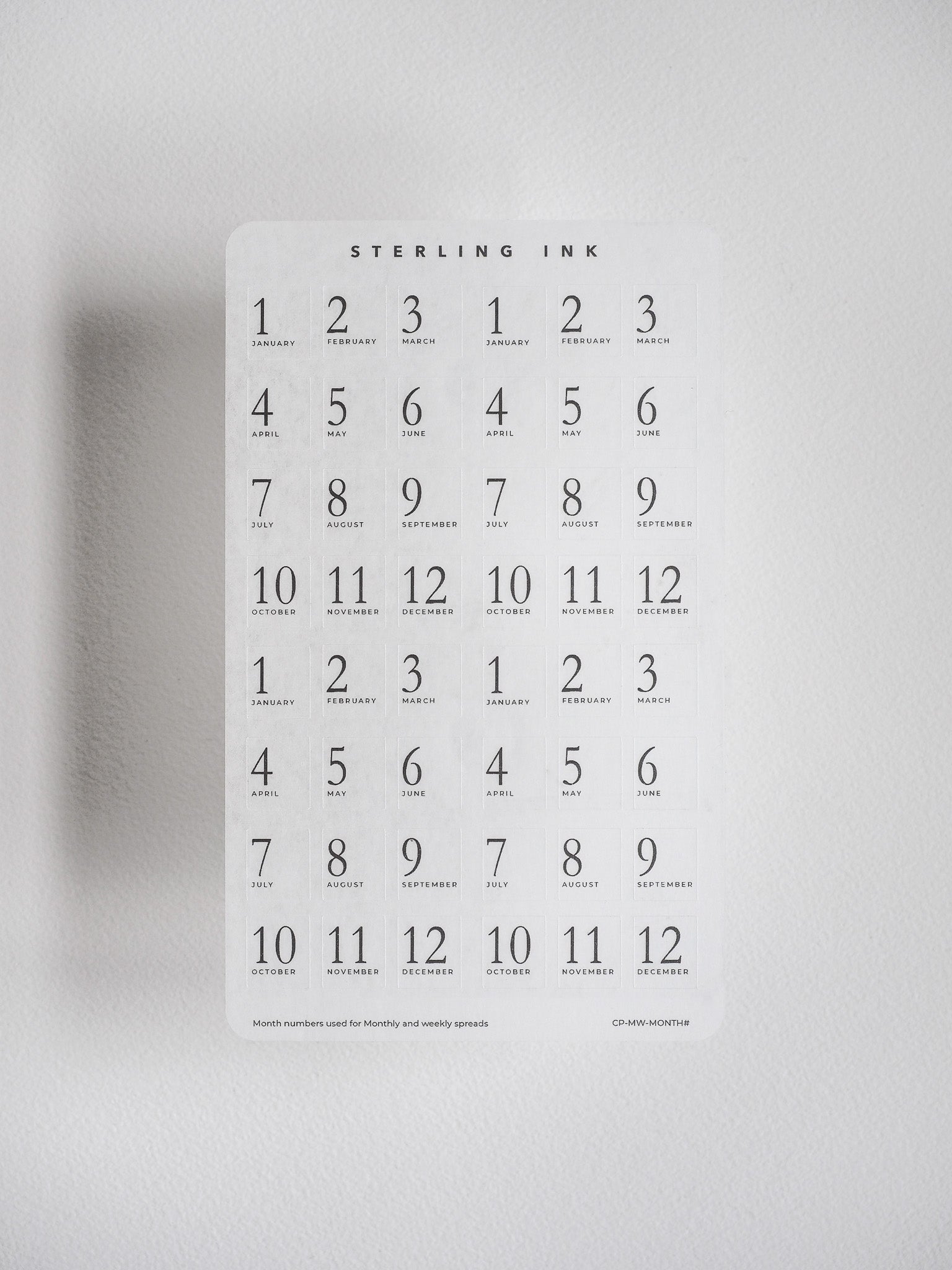 Printable planner headers featuring all twelve months, from January through December, designed to organize weekly and monthly spreads for undated journals.