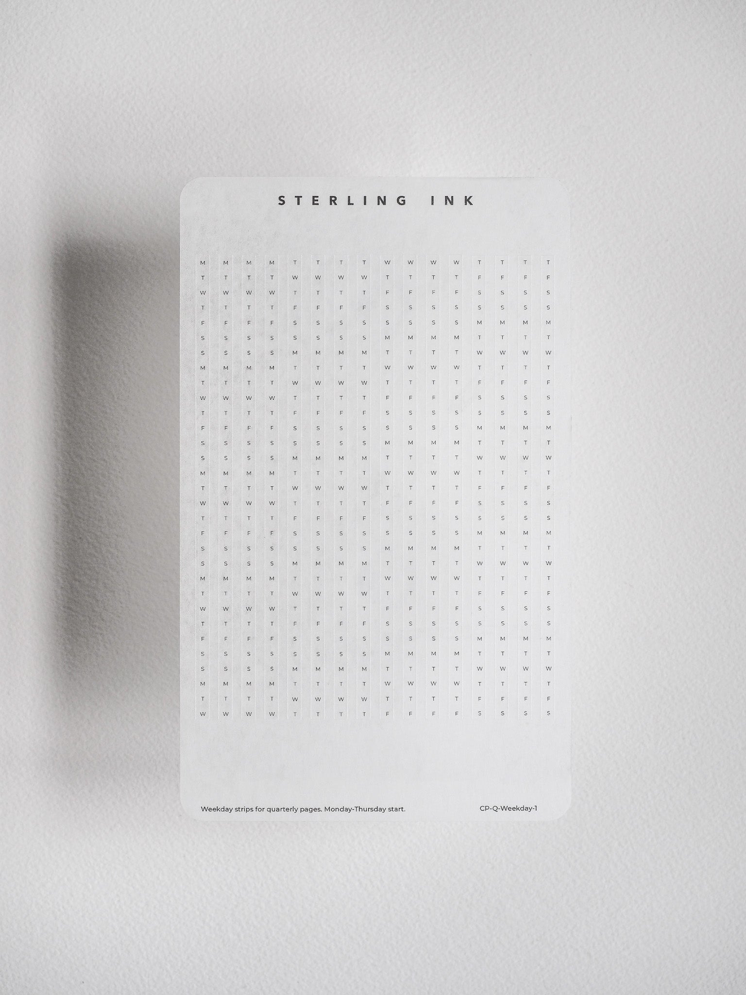 Minimalist sticker sheet featuring pre-labeled daily planner strips for M-Sun, designed in a structured grid format for organizing and customizing undated planners.