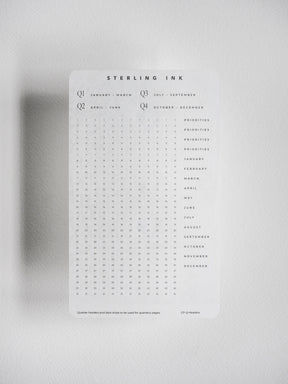 Calendar grid stickers featuring quarters and months for undated planners, providing organized date tracking and seasonal planning compatibility.