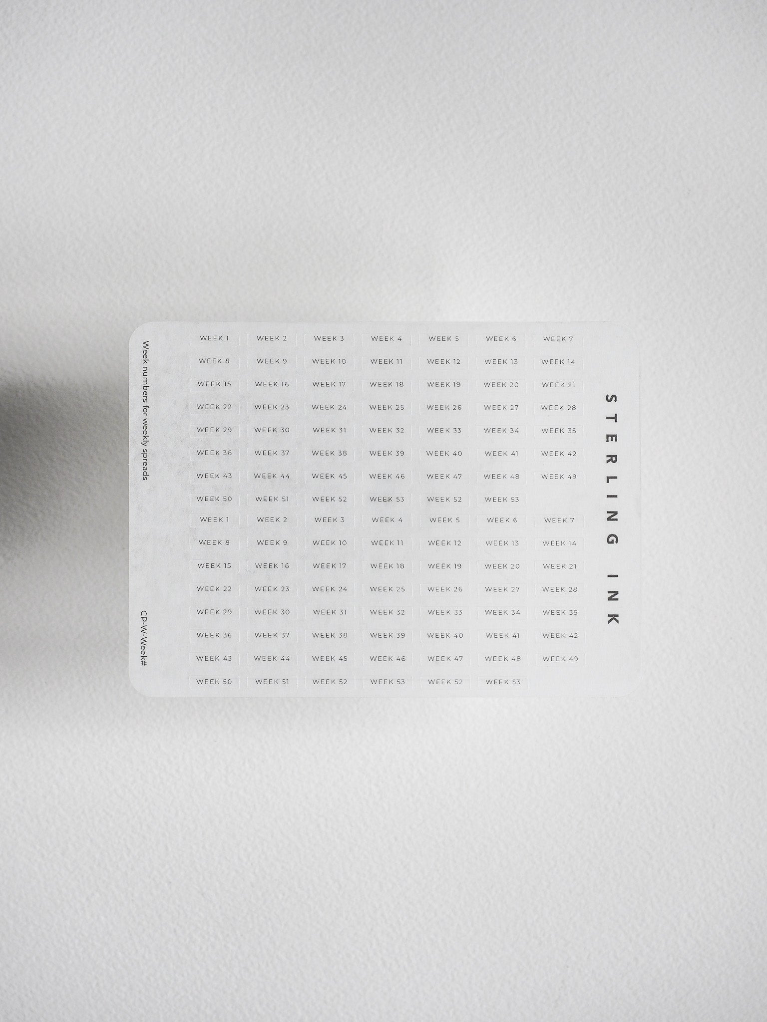 Comprehensive set of weekly labels ranging from Week 1 to Week 53, perfect for planning undated planners and organizing daily schedules.