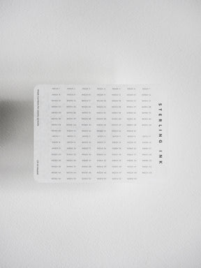 Comprehensive set of weekly labels ranging from Week 1 to Week 53, perfect for planning undated planners and organizing daily schedules.