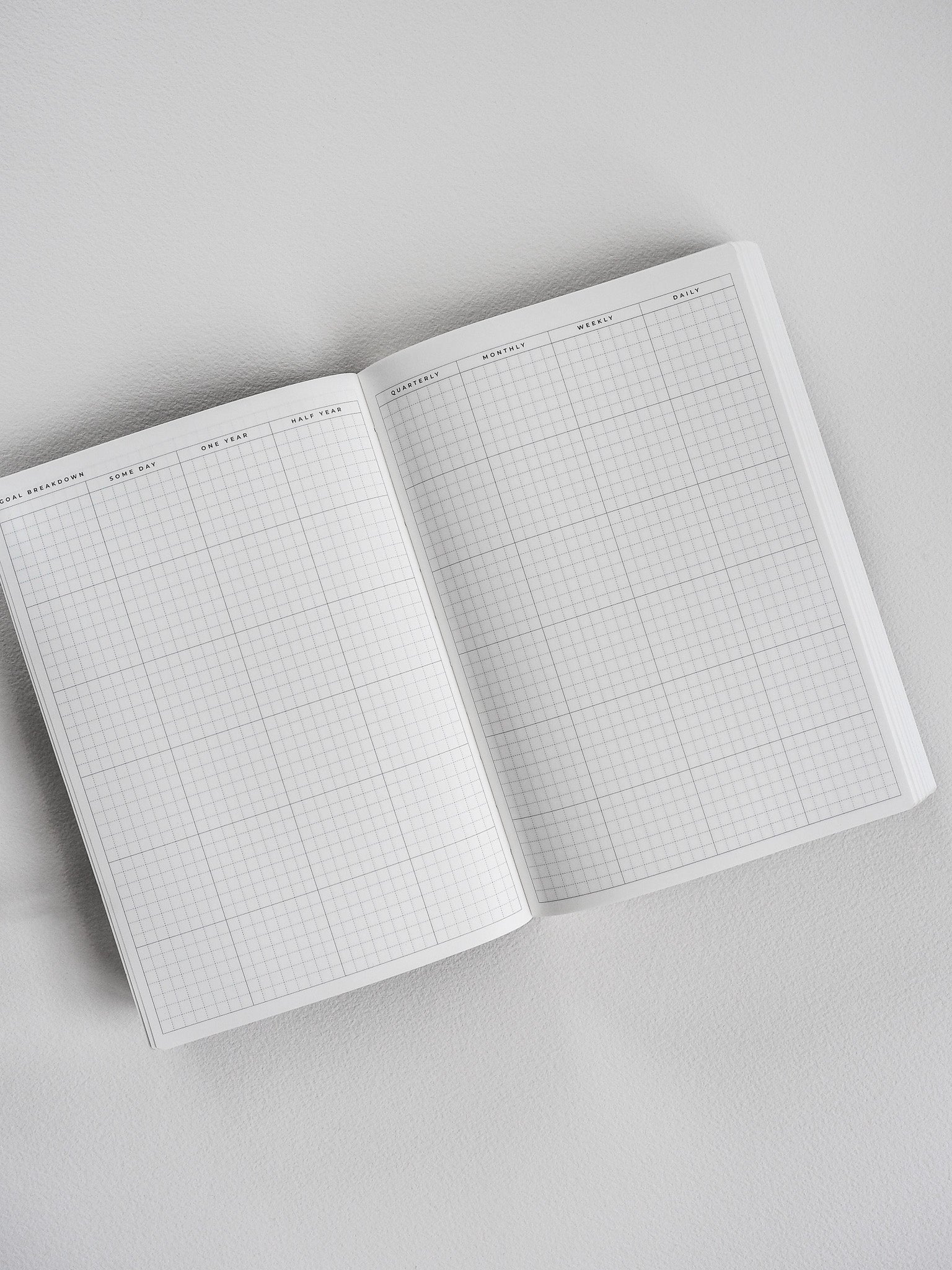 Grid-patterned undated planner showing structured sections for goal breakdowns, monthly tracking, and daily time management layouts.
