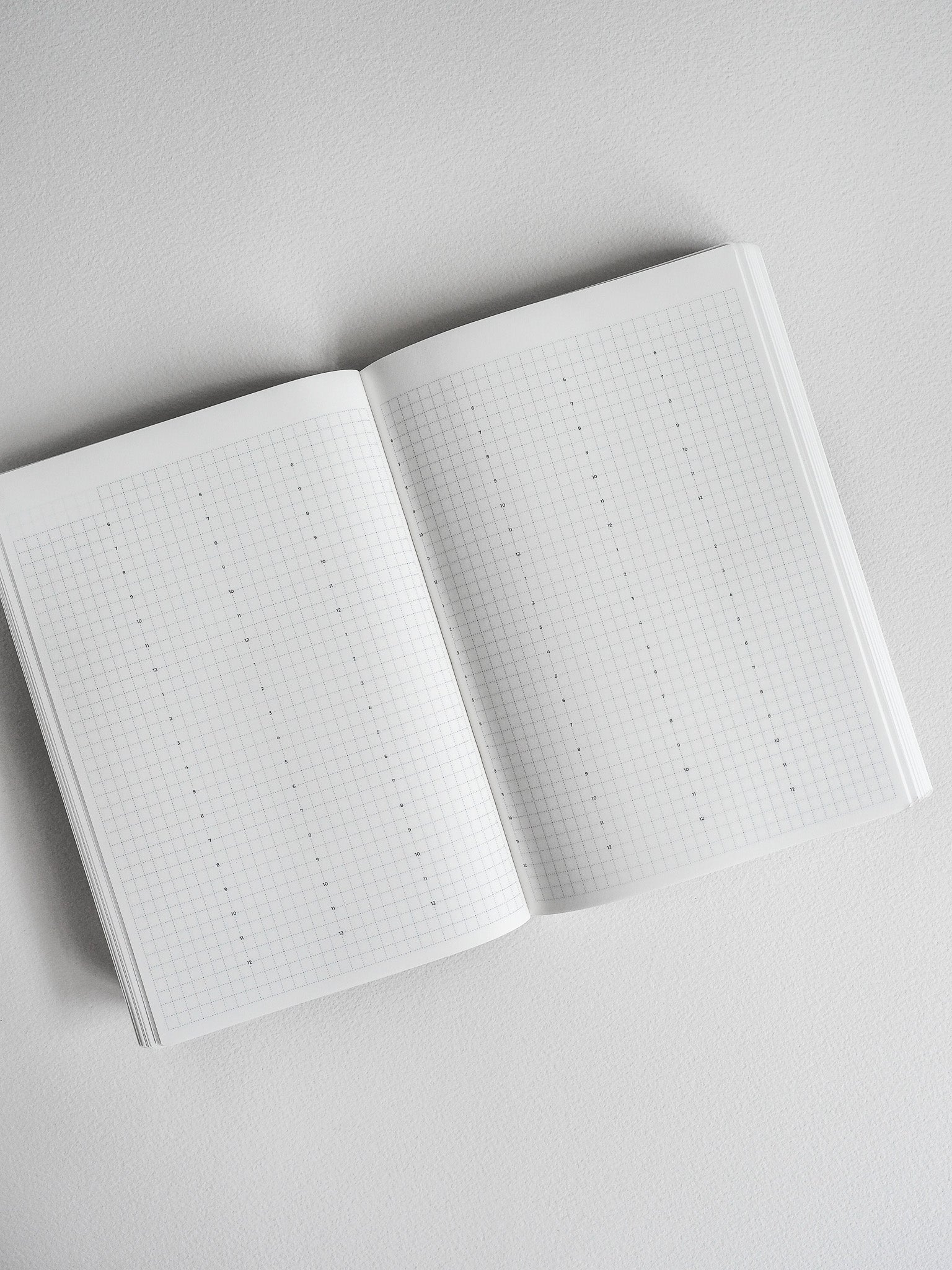 Open planner book displaying dot grid paper suitable for journaling, bullet journaling, or creating a comprehensive undated schedule.