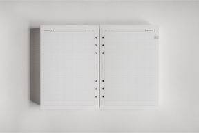 White, dated planner inserts displaying a daily grid layout and "January" headers, designed for organizing schedules and tasks in a ring-bound journal.