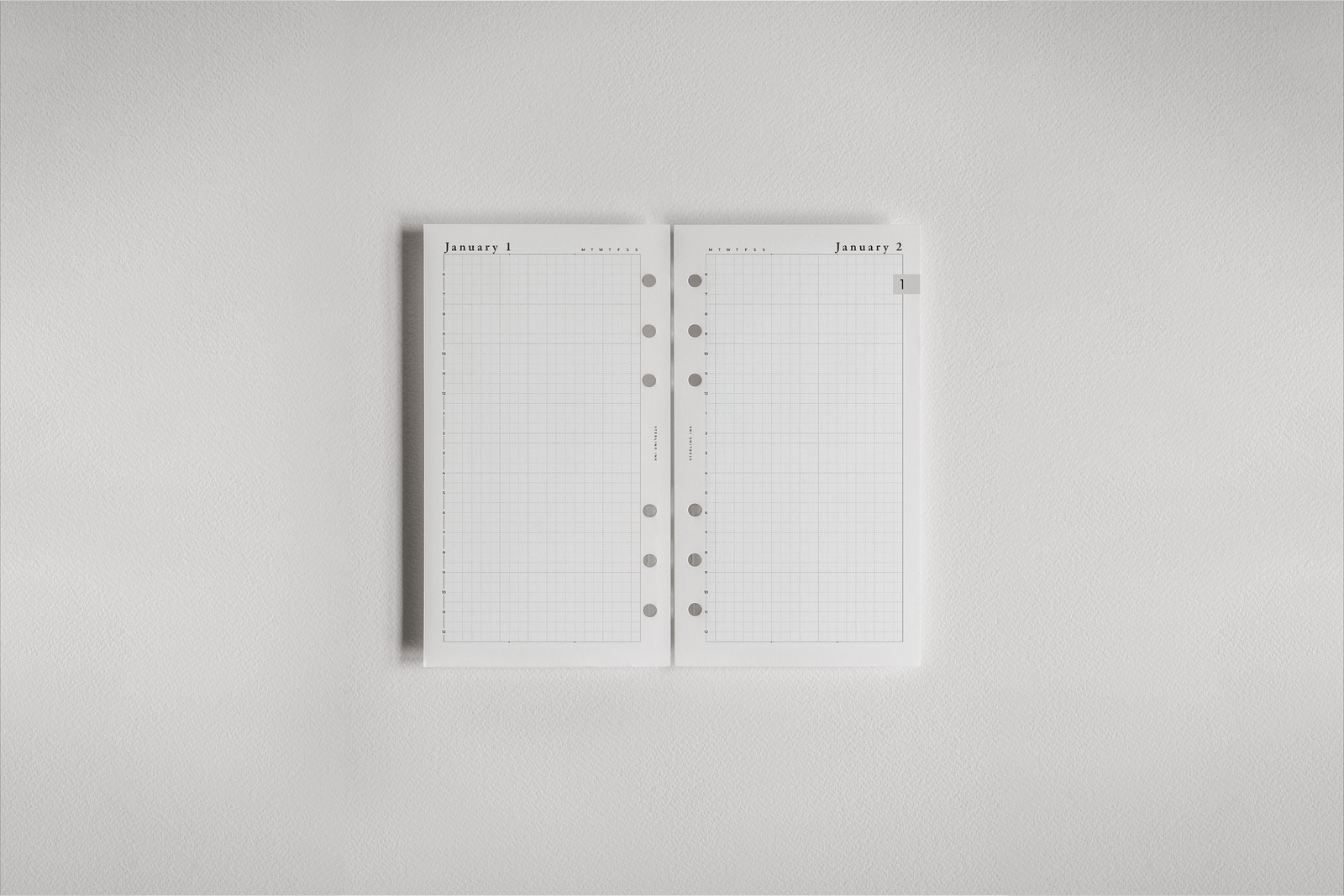 White daily dated planner inserts for 2026, featuring two connected pages titled "January 1" and "January 2" with structured ruled sections for scheduling and bullet journaling.