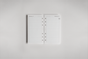 White daily dated planner inserts for 2026, featuring two connected pages titled "January 1" and "January 2" with structured ruled sections for scheduling and bullet journaling.