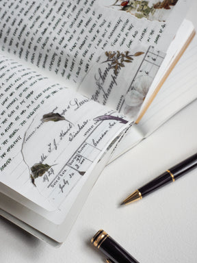 Open pages of a lined A5 notebook featuring structured, vintage-themed journaling sections, perfect for detailed planning and correspondence.