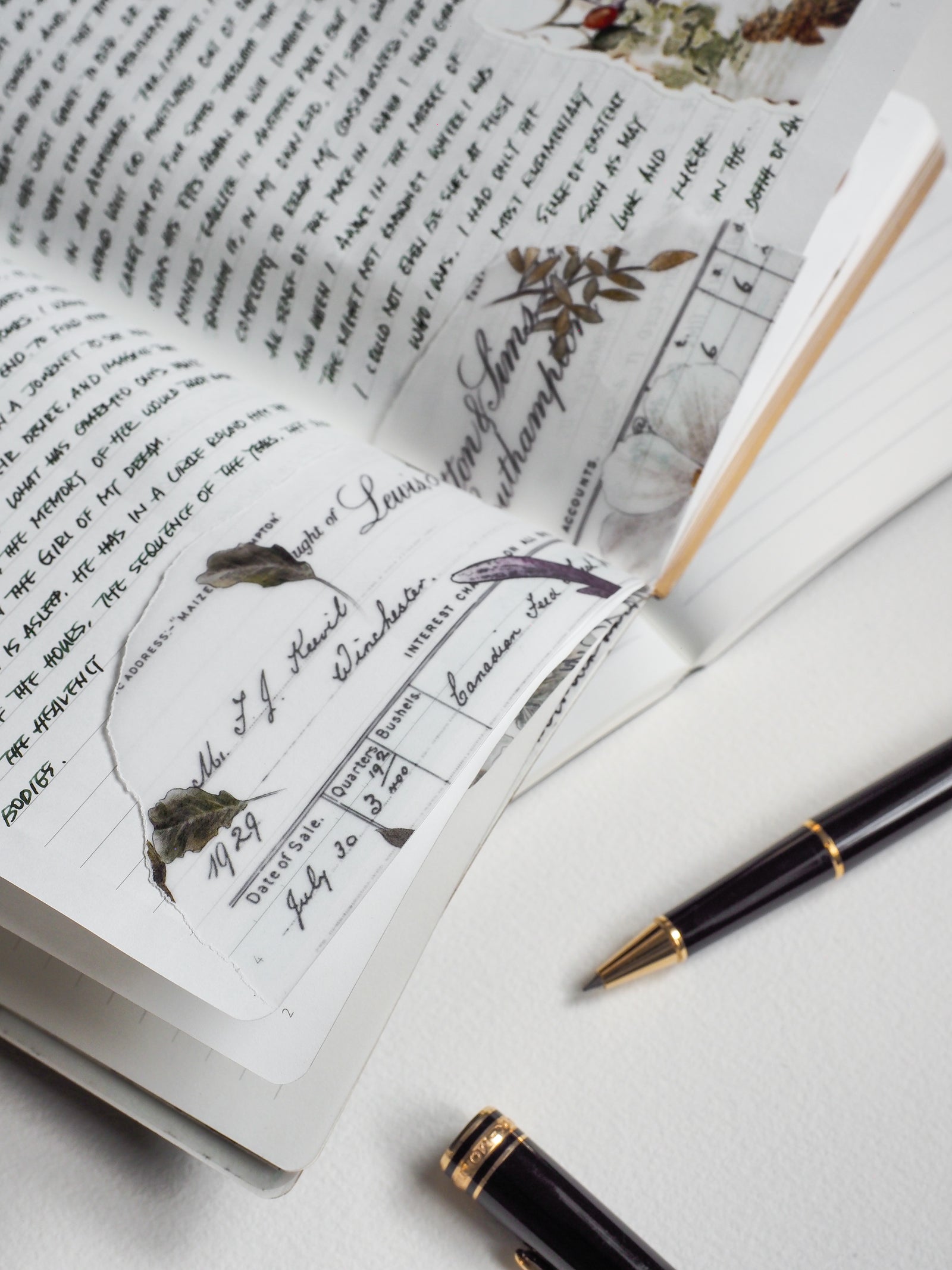 Open B6 notebook with patterned, vintage journal pages featuring structured layouts for formal records, dates, and diary entries.