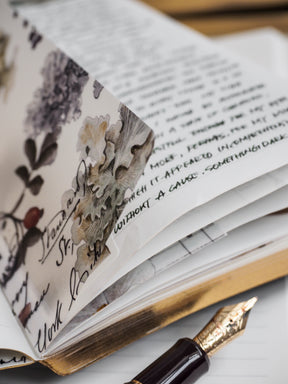 Lined stationery featuring delicate black and white botanical illustrations of mushrooms, leaves, and berries, showcasing a nature-themed design.