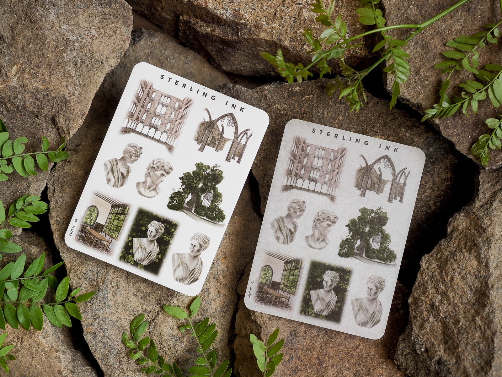 Mini Elements Icon Stickers - July 2024: A set of white stickers featuring black, vintage-style line art icons of architecture, arches, and historical portrait sketches.