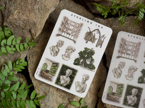 Detailed sticker icon sheets featuring vintage black ink illustrations of architecture, classical busts, natural foliage, and gothic arches.