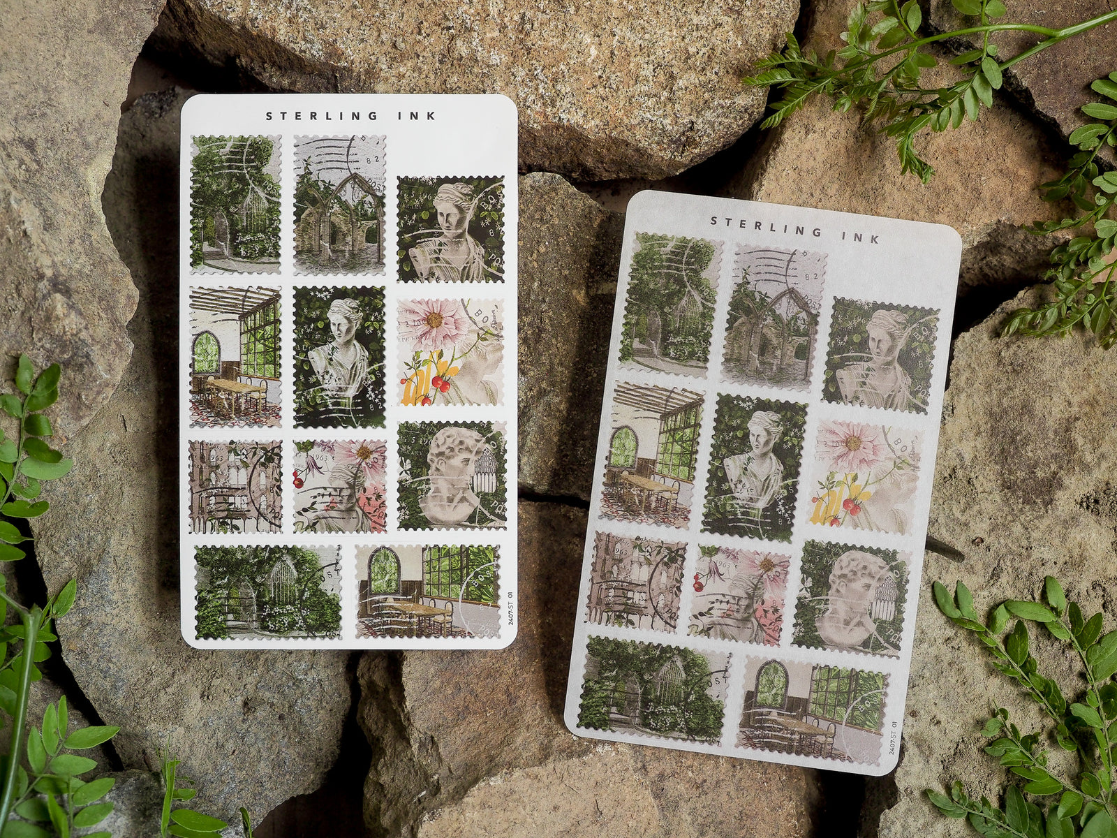 Decorative stamp stickers for July 2024, featuring a romantic vintage pattern of ornate greenhouses, blooming flowers, and classic portrait illustrations.