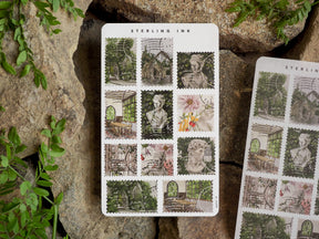 Vintage-themed stamp sheet featuring intricate die-cut stickers of green glasshouses, soft portraits, and decorative florals for July 2024 crafting.