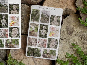 Vintage cottagecore sticker sheet featuring a grid of delicate, sunlit illustrations of floral arrangements, cozy rooms, and charming vintage scenes.