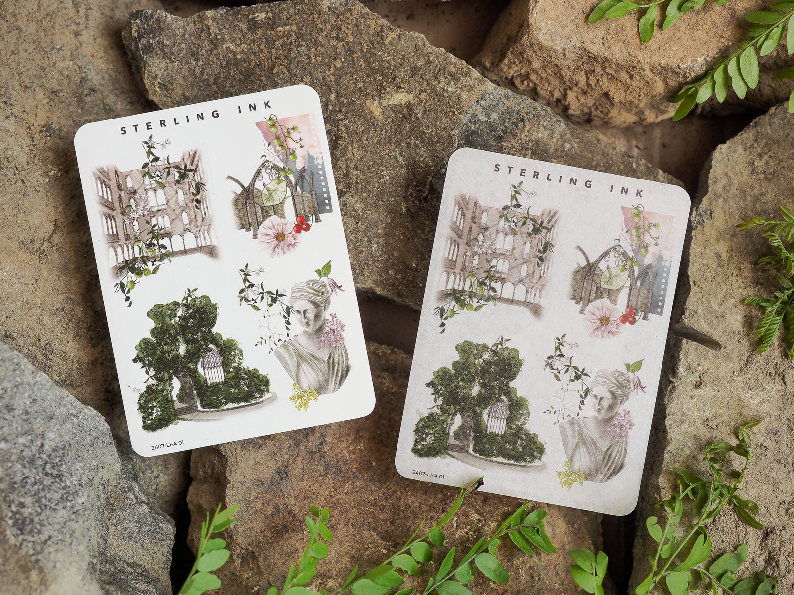 Two large icon stickers featuring vintage watercolor illustrations of antique architecture, lush floral arrangements, and an elegant woman's portrait.