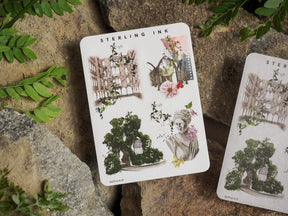 Elegant sticker sheet featuring vintage engravings of antique architecture, delicate botanical motifs, and classical portrait illustrations.