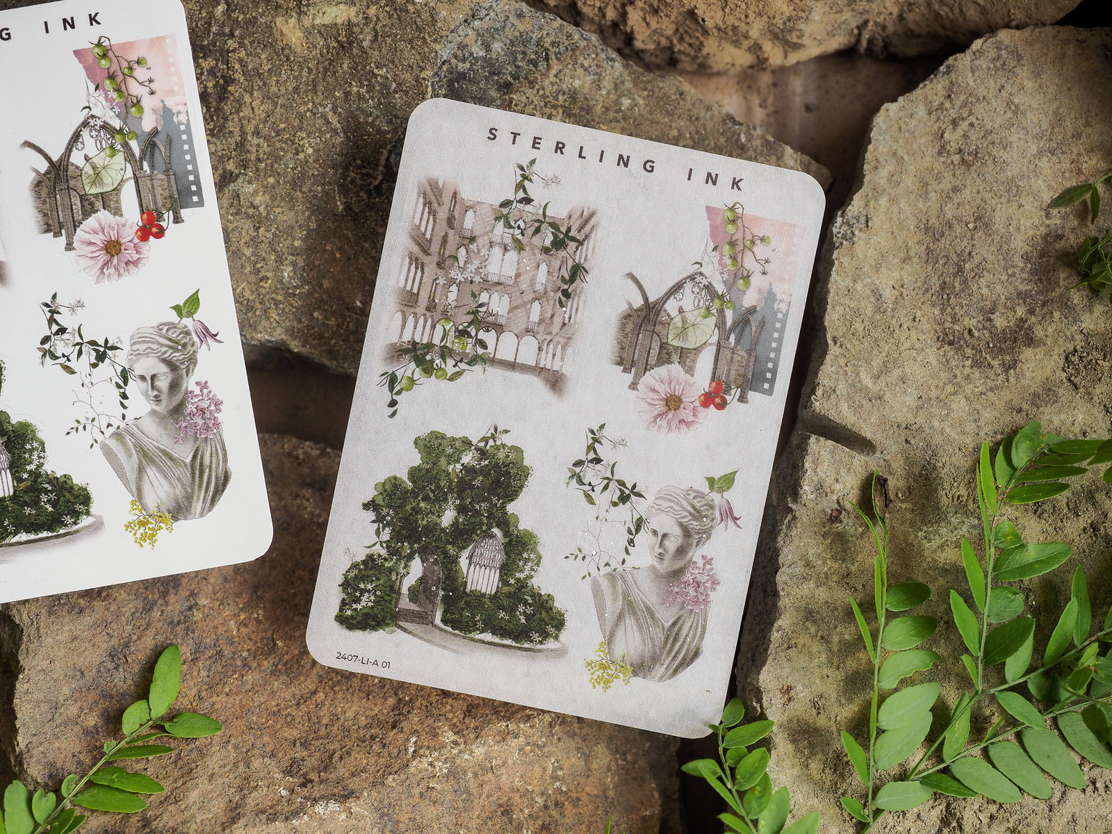 Decorative sheet featuring antique icon stickers of botanical illustrations, classical portrait busts, and ornate architectural arches in soft, vintage tones.