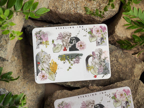 Romantic sticker set featuring delicate illustrations of women's profiles surrounded by soft pastel florals, lush greenery, and vintage botanical borders.
