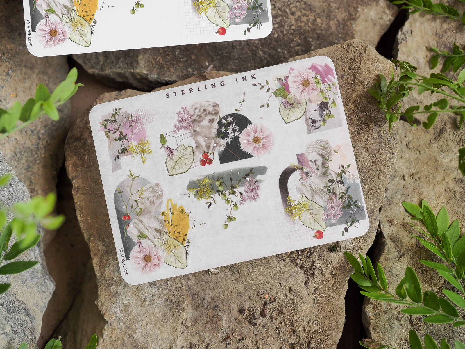 Elegant sheet of stickers with vintage floral borders, delicate botanicals, and detailed classical portrait vignettes for journaling.