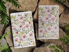 Elegant thin sticker strips featuring a delicate botanical pattern of blush pink, cream, and yellow dahlia blossoms, lush greenery, and scattered red berries.