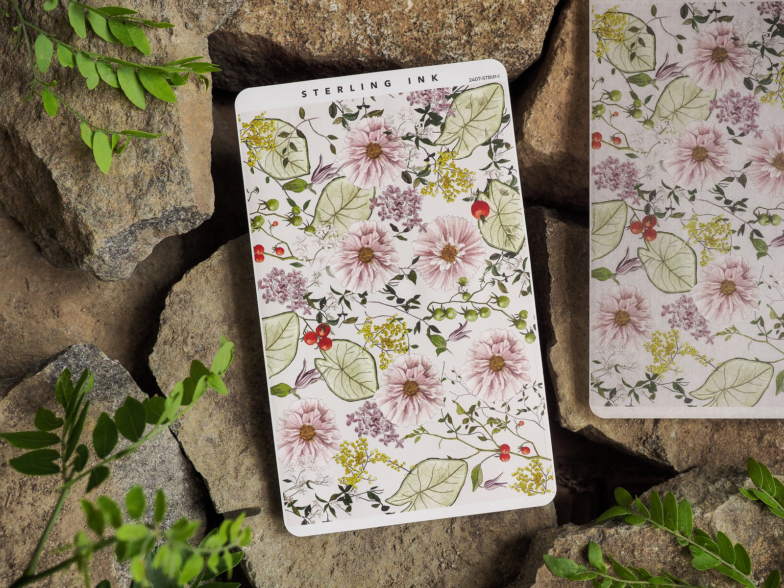 Botanical sticker set featuring delicate blush pink watercolor flowers, sage green foliage, and clusters of red berries for journaling and crafts.