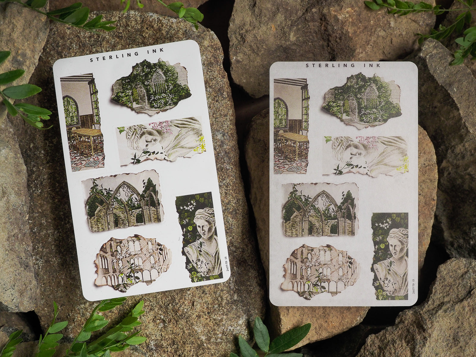 Assorted vintage "torn paper" stickers featuring decorative Gothic stained glass windows, detailed classical portrait illustrations, and architectural elements for journaling or scrapbooking.