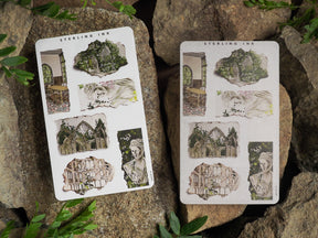 Assorted vintage "torn paper" stickers featuring decorative Gothic stained glass windows, detailed classical portrait illustrations, and architectural elements for journaling or scrapbooking.