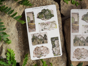 Vintage torn paper stickers featuring diverse designs of overgrown, ruined architecture, distressed stone arches, and intricate greenery for decorative journaling.