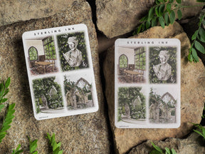 Detailed sticker sheets featuring a vintage botanical theme, combining delicate sketches of rustic architecture, arched windows, and lush green floral illustrations.