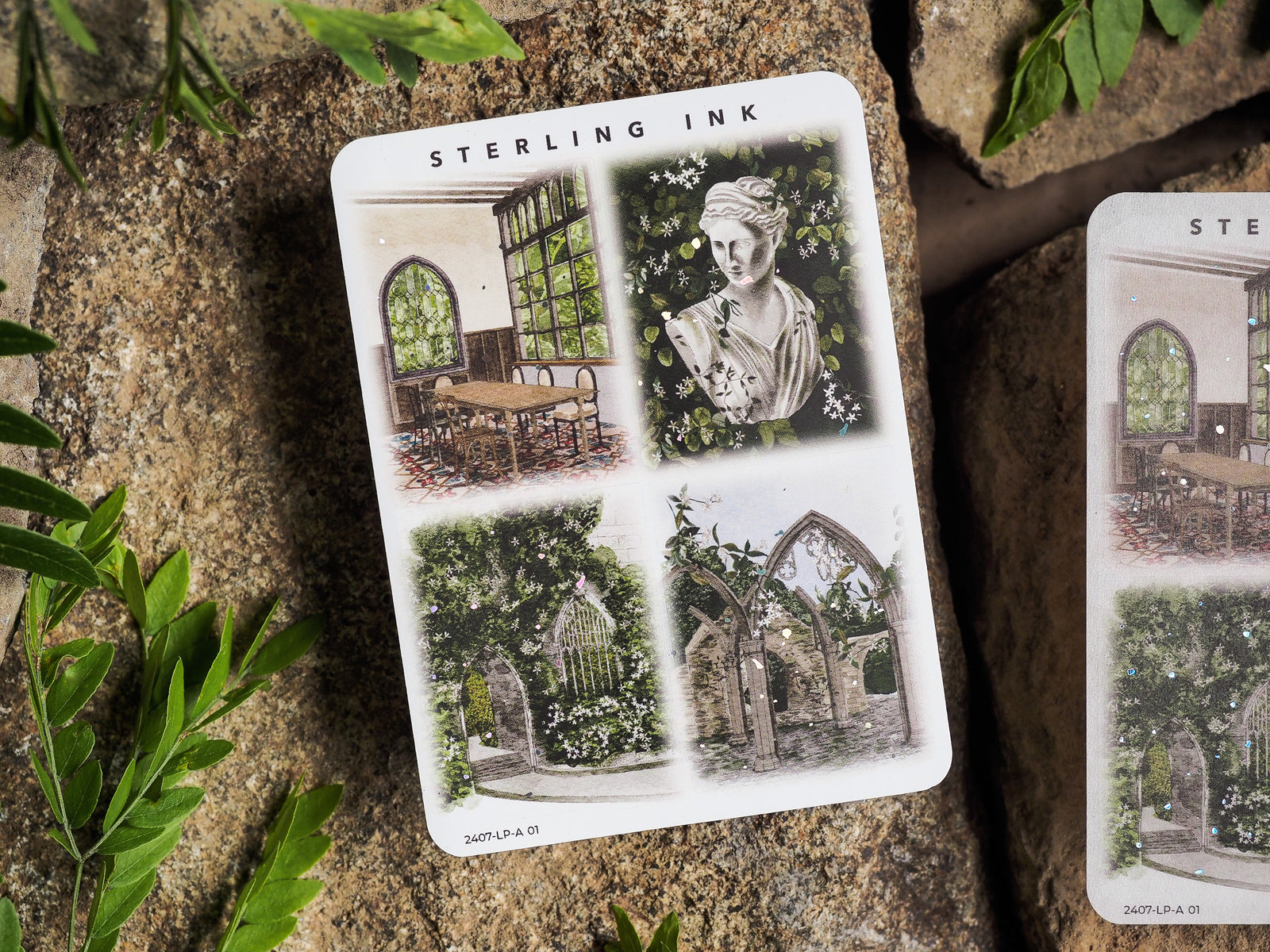 Vintage sticker collage featuring four romantic illustrations of gothic arches, stained-glass windows, and lush, overgrown botanical garden scenes.