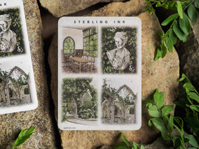 Vintage illustration stickers featuring detailed, antique engravings of lush architectural arches, greenhouses, and classical portrait sketches.