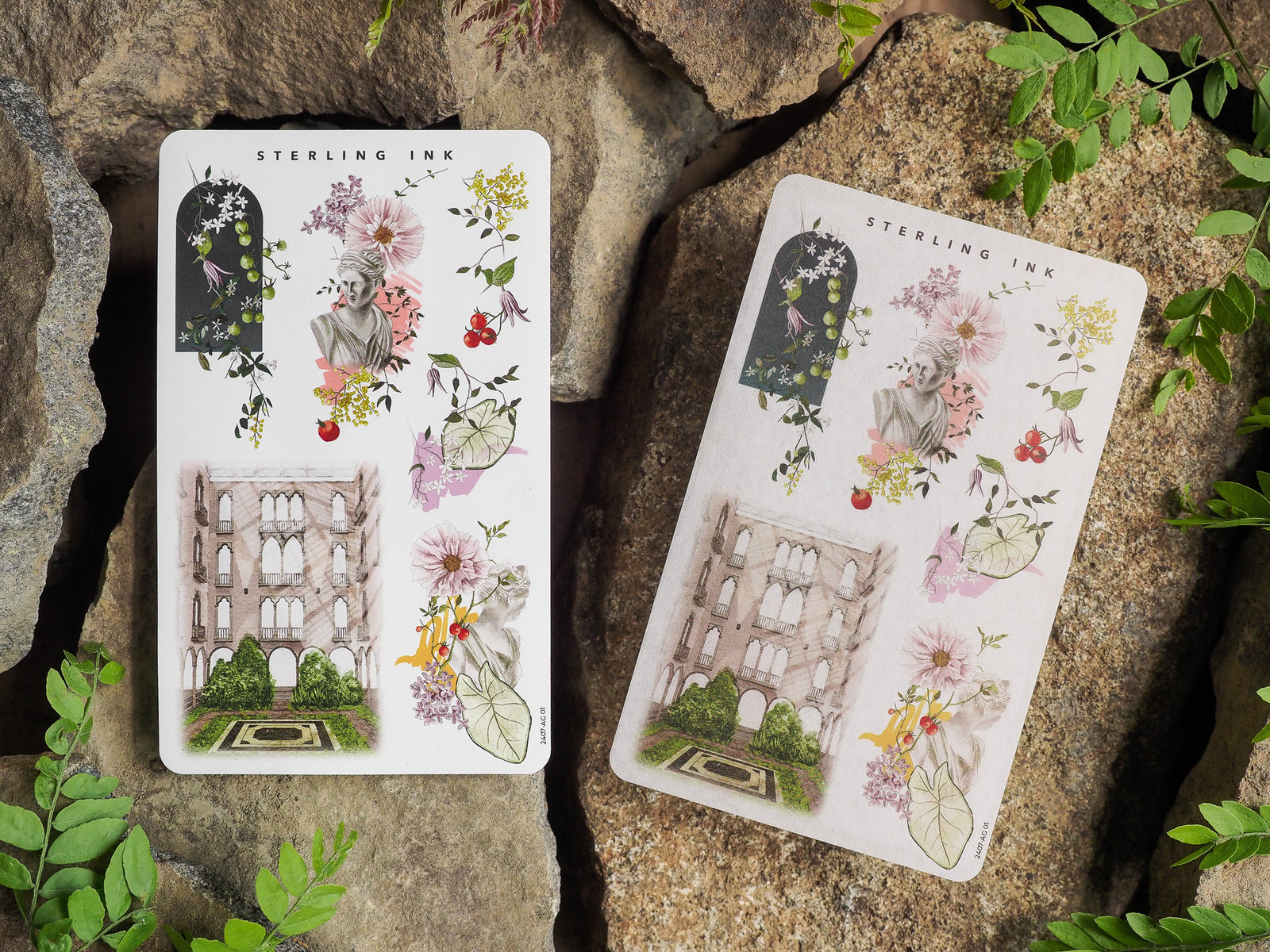 Vintage sticker sheets featuring lush botanical arrangements, delicate floral clusters, and detailed architectural sketches of historical buildings for crafting and journaling.