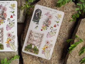 Vintage sticker sheets for July 2024 featuring delicate pastel bouquets, lush greenery, and elegant European architectural designs.